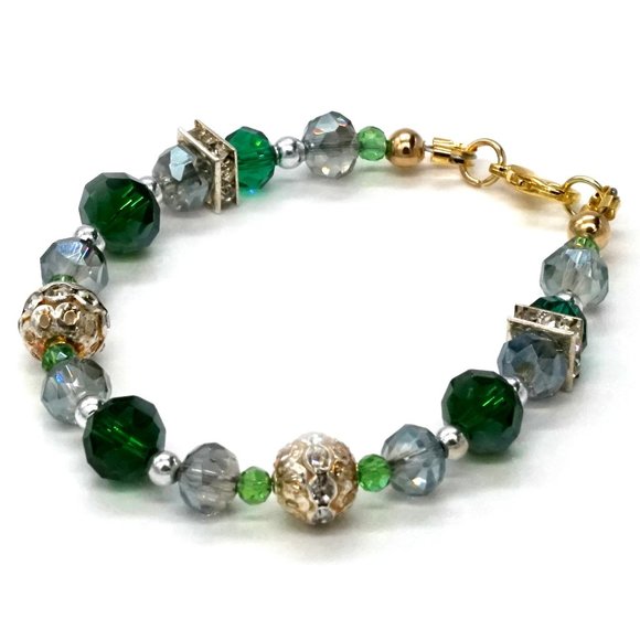 My Bead Emporium Jewelry - Bracelet Green Grey Crystal Beads Gold Silver Beads Rhinestones Lobster Clasp